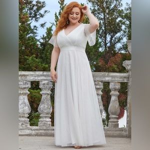 Double V-Neck Floor-Length Short Sleeve Tulle Bridesmaid Dress